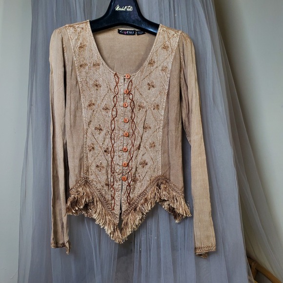 Lotus Fringe Hem Embroidered Boho Top Hippie Peasant Festival Fairy M Ethereal - Picture 3 of 7